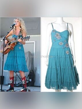 BCBGMaxAzria ‘Dusty Teal Chiffon Pleated Dress’ ASO Taylor Swift Debut Era